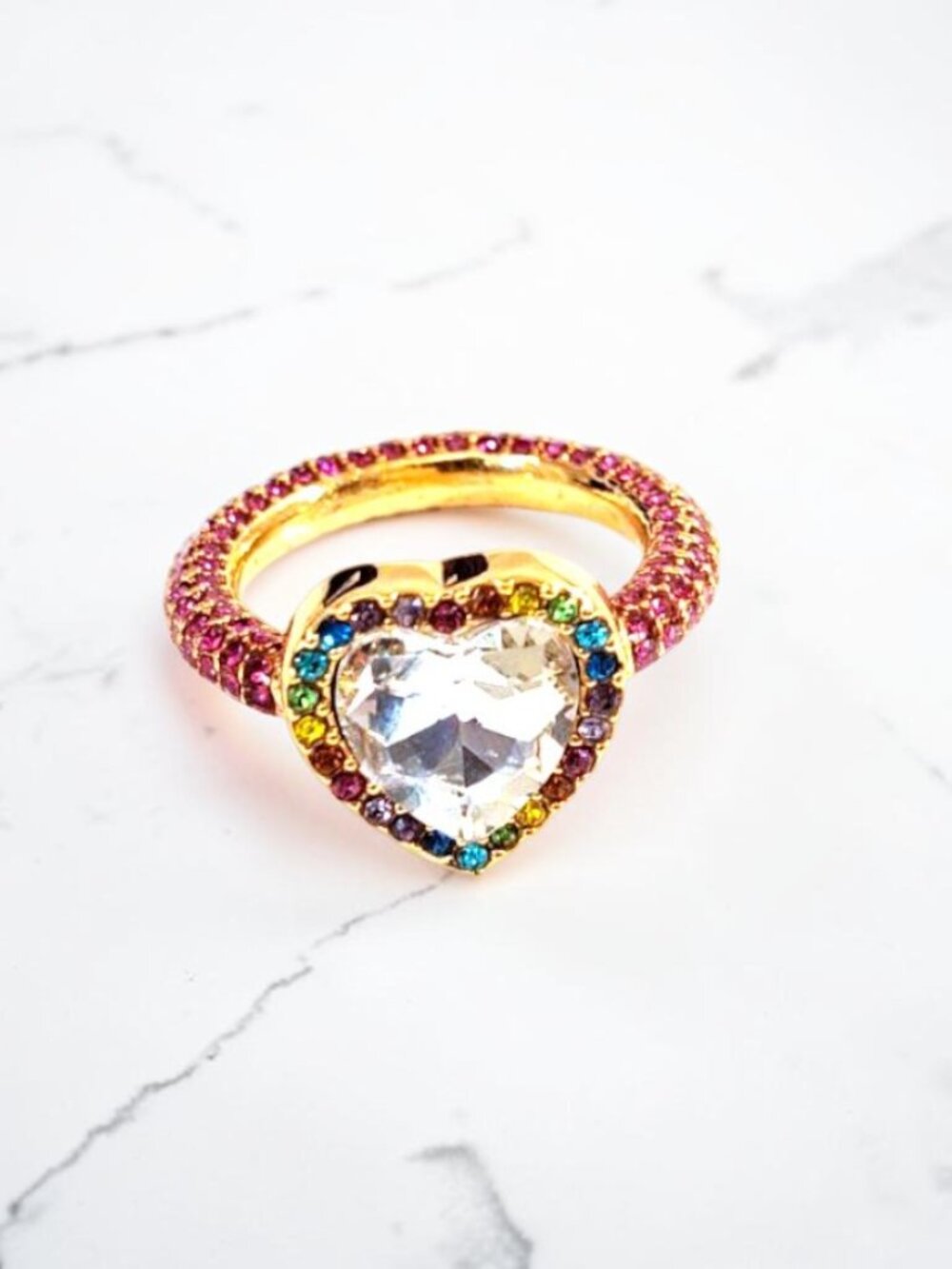 Kurt Geiger London Size 8 Rainbow Crystal Heart Cocktail Ring (See Disc.)